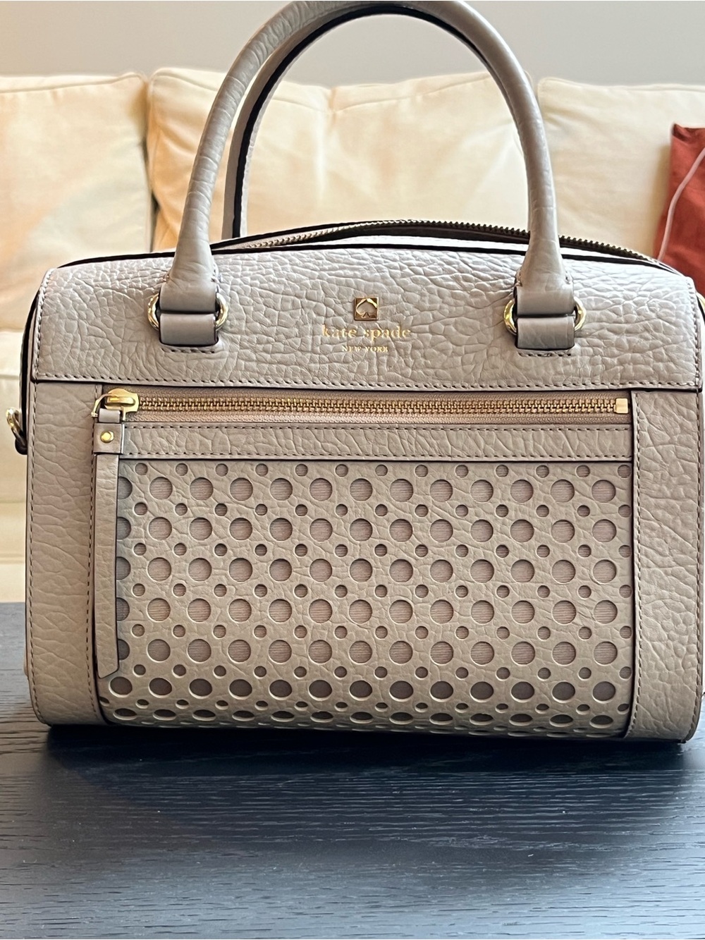 kate spade Taupe Perforated Leather Satchel with Gold Hardware